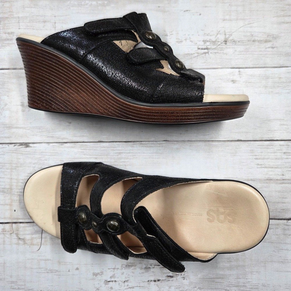 SAS Wedge Sandals Womens 7 M Black Sanibel Slide Adjustable Straps Leather USA